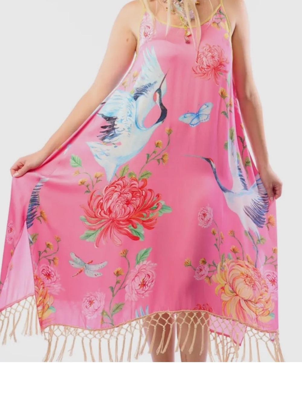 Aratta Pink Crane & Floral Fringe Maxi Dress